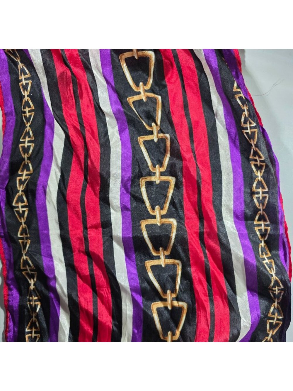 Vtg Echo Silk Scarf Stripes Gold Buckle chain Design purple red white gold
